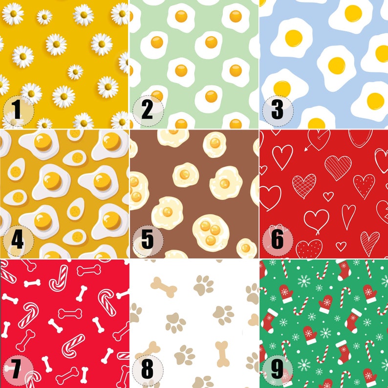 May include: Nine different seamless patterns are displayed. They include daisies on yellow, fried eggs on green, blue, and yellow, hearts on red, candy canes and bones on red, paw prints and bones on white, and Christmas-themed patterns.