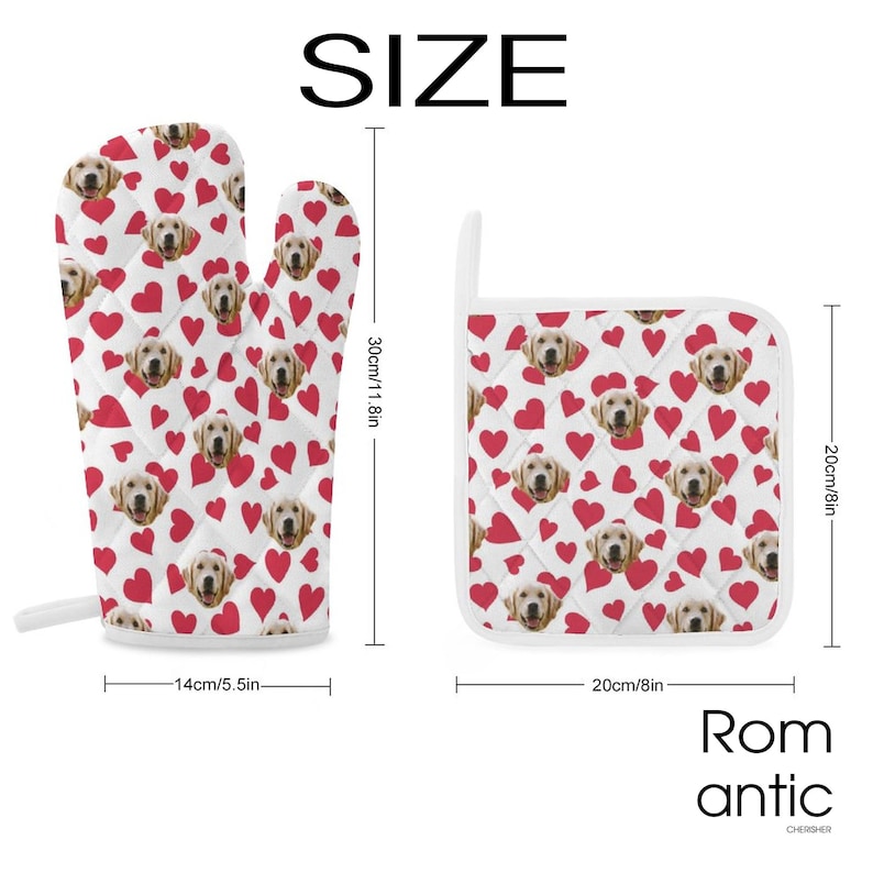 May include: White quilted oven mitt and pot holder set. The set features a pattern of red hearts and dog faces. The oven mitt is 14 inches wide and 11.8 inches long. The pot holder is 8 inches by 8 inches. The word "Romantic" is printed on the image.