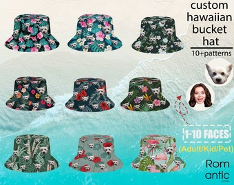 Beach Sports Hats Bucket Hat-Custom Hawaiian Shirt With Face,Custom Face Unisex Bucket Hat-Custom Wide Brim Outdoor Summer Cap