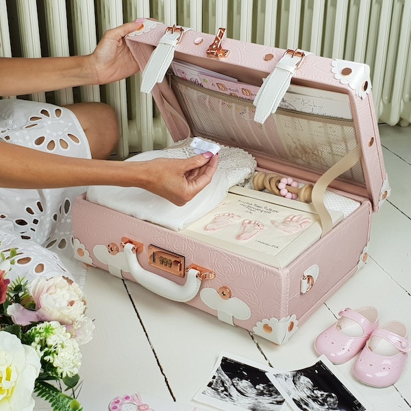 Keepsake Suitcase, Baby Suitcase, Memory Case, Baby Memory Storage Case, Keepsake Box, Vintage Suitcase In Pink, Baby Girls Memory Trunk