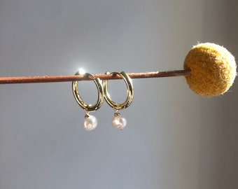 18k Gold Filled hoop earrings with freshwater pearl charm, small gold filled hoop earrings