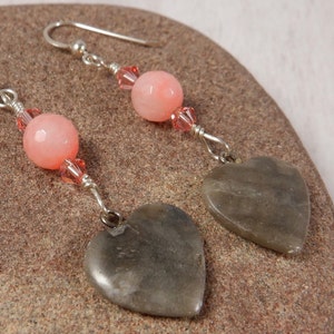 Petoskey Stone Heart Earrings with pink Swarovski crystals & stone, Michigan State Stone, Beach stone, Great Lakes or Up North Michigan gift