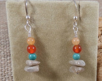 Petoskey Stone Earrings, Michigan's State Stone, Petoskey beads with Turquoise and Carnelian, Beaded Southwest look Earrings