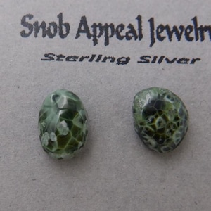 Isle Royale Greenstone Stud Earrings on Sterling Silver, Michigan Greenstones (Chlorastrolite), Michigan State Gem, Stud earrings