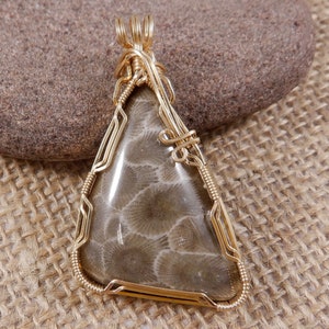 Petoskey Stone pendant in gold fill wire, Wire-wrapped Great Lakes Stone, Michigan State stone, Gift for Rock hound, Fossil or beach lover