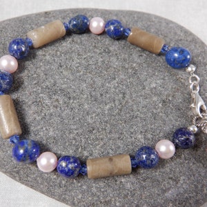 Petoskey Stone Bead Bracelet( 7 1/2&quot;), Michigan State Stone, Great Lakes stone jewelry with Blue Lapis, pearl, crystals, Michigan gift