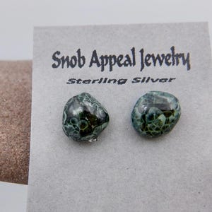Isle Royale Greenstone Stud Earrings on Sterling silver, 9-11mm Michigan Greenstone (Chlorastrolite), Michigan State Gem Stud earrings