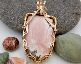 Wire wrapped Pink Datolite and Copper Pendant, Keweenaw Datolite, Michigan Copper Country gemstone, Great Lakes stone