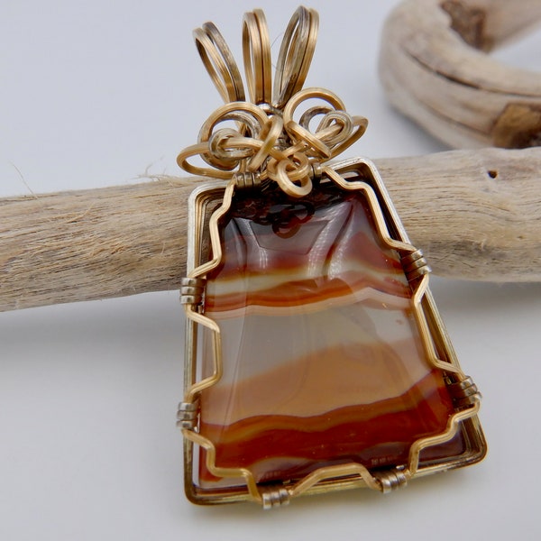 Natural Malawi Agate Pendant, wire wrapped orange and transparent crystal necklace in gold fill and silver wires, Good energy stone jewelry