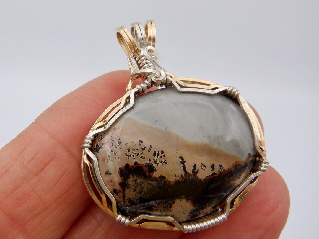 Scenic Paint Brush Jasper Pendant in Pink Gold Fill and Silver, Wirewrapped Forest Scene