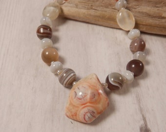Thomsonite, Agate, and Moonstone Necklace, Great Lakes stone necklace, Pink stone, Botswana agate bead necklace