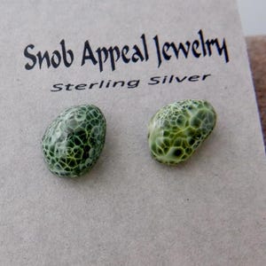 Isle Royale Greenstone Stud Earrings on Sterling silver, 10-11mm Michigan Greenstone (Chlorastrolite), Michigan State Gem Stud earrings