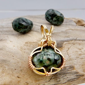 Isle Royale Greenstone Pendant Set in Gold Fill Wires, Michigan State Gem, Rare Great Lakes stone, Keweenaw area Chlorastrolite