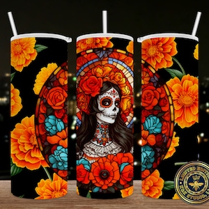 Catrinas, Floral, dia de los muertos, mexican png, marigold flower, Sublimation Downloads | Skinny Tumbler 20oz Design, Straight, seamless