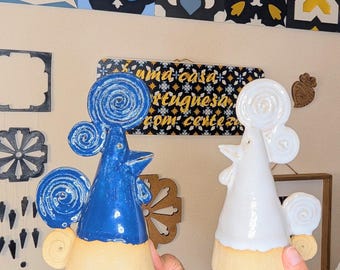 Handcrafted Ceramic Galo de Barcelos Rooster – White & Blue Glaze, Portuguese Folklore