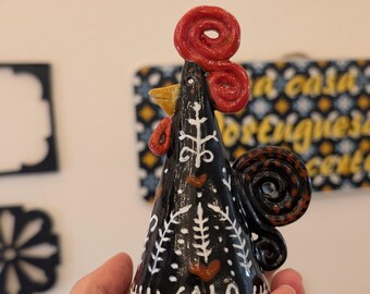 Handcrafted Ceramic Galo de Barcelos Rooster – Black Glaze, Red Accents, Portuguese Folklore