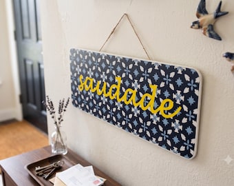 Handcrafted Portuguese Azulejo "Saudade" Wooden Hanging Sign