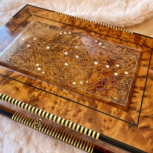 13"x8" Moroccan Royal jewellery burl wooden box inlaid with mother of pearl,lockable Luxury handmade gift box for anniversary,mirror inside