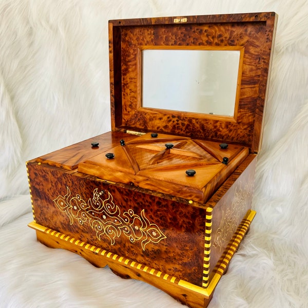 14"x9" Large Handmade royal Moroccan Thuya Wooden Box with Mirror and Mother of Pearl Engravings -Handcrafted Jewelry and Keepsake Organizer