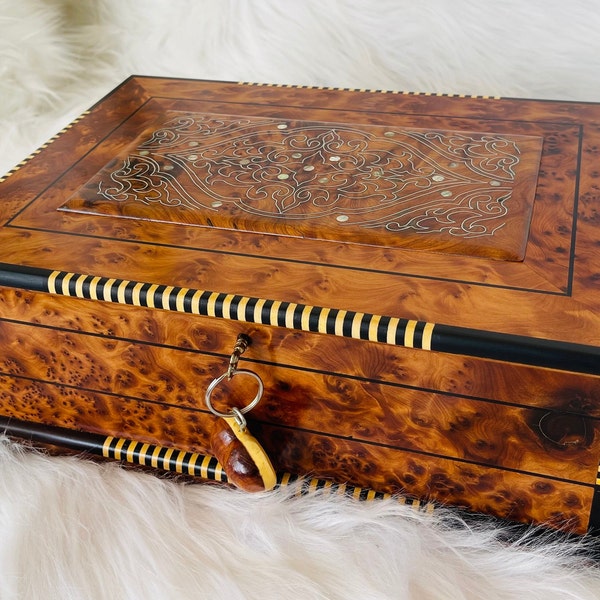13"x8" Moroccan Royal jewellery burl wooden box inlaid with mother of pearl,lockable Luxury handmade gift box for anniversary,mirror inside