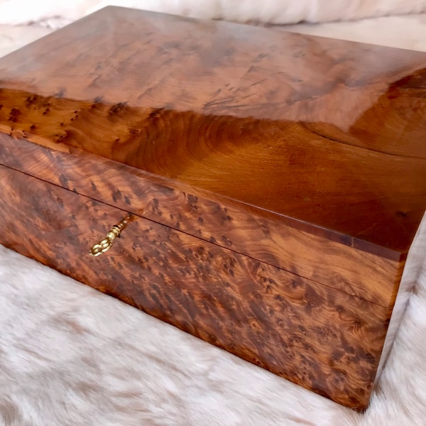 11 "x7" lujo bloqueable thuya burl joyería de madera Soporte de caja con llave, regalo de parejas de Navidad, cumpleaños, recuerdo de joyería de boda, caja decorativa