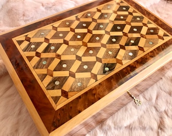 10 "x7" Joyería grande Caja de madera de Thuya con llave, incrustaciones de nácar, madera de cedro, idea de regalo, grabado Caja de madera marroquí personalizada con cerradura