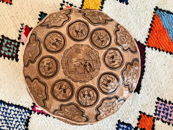 Handmade Moroccan Camel Leather Pouf genuine Leather Ottoman Round