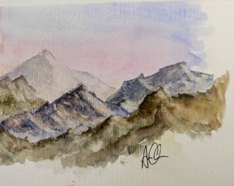 Mountain Landscape Original Watercolor Painting in 5x7 Frame