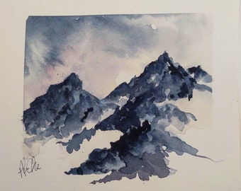 Original Watercolor Mountain Landscape Painting in 10x10 Frame