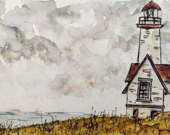 Küsten Leuchtturm Original Aquarell Malerei in 5x7 Rahmen