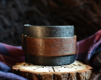 Bracelet de force en cuir tannage végétal noir et marron