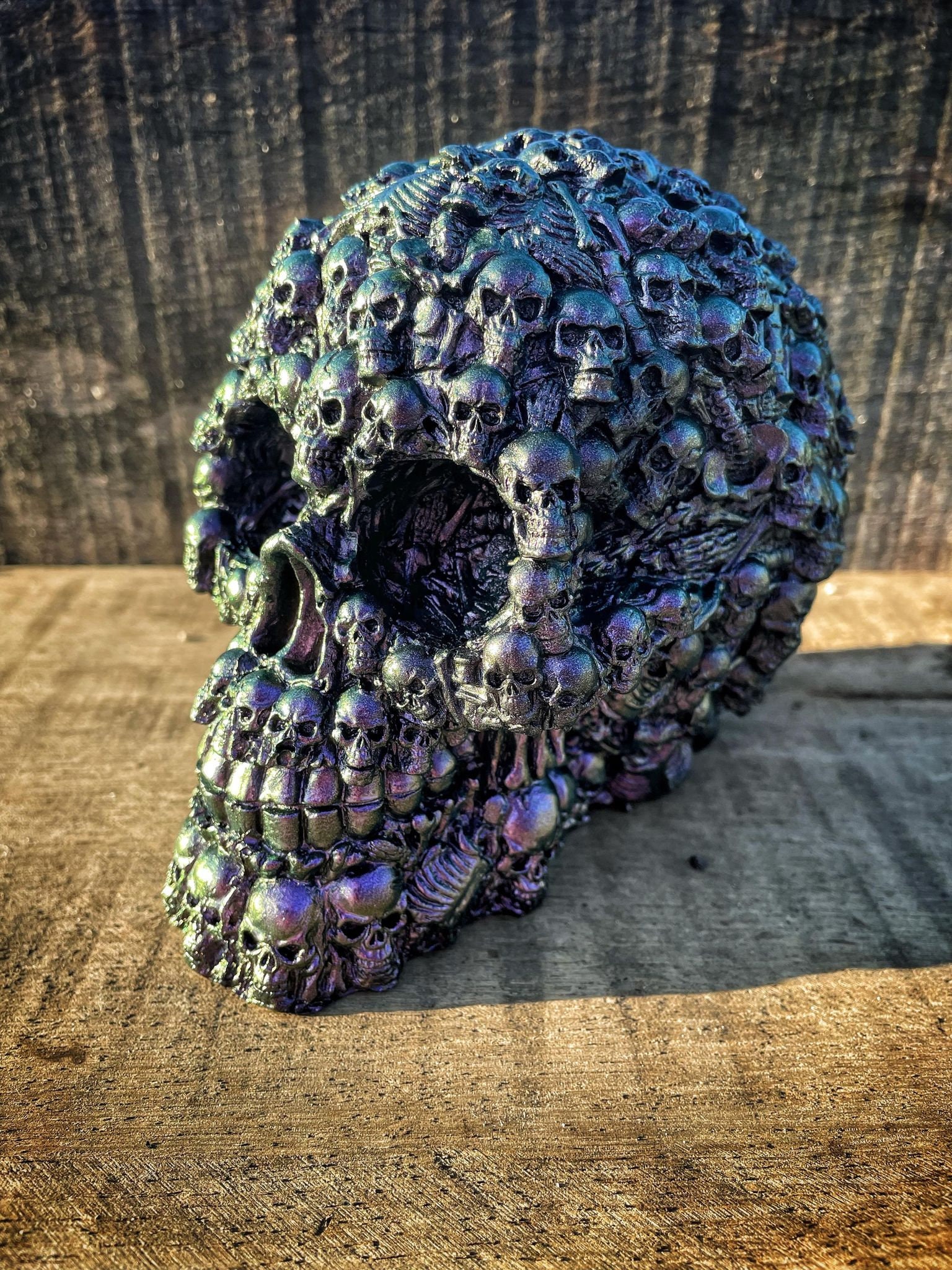 Crâne Skull Résine Tête de Mort Décoration Présentation Couleur Peinture Caméléon Violet/Vert