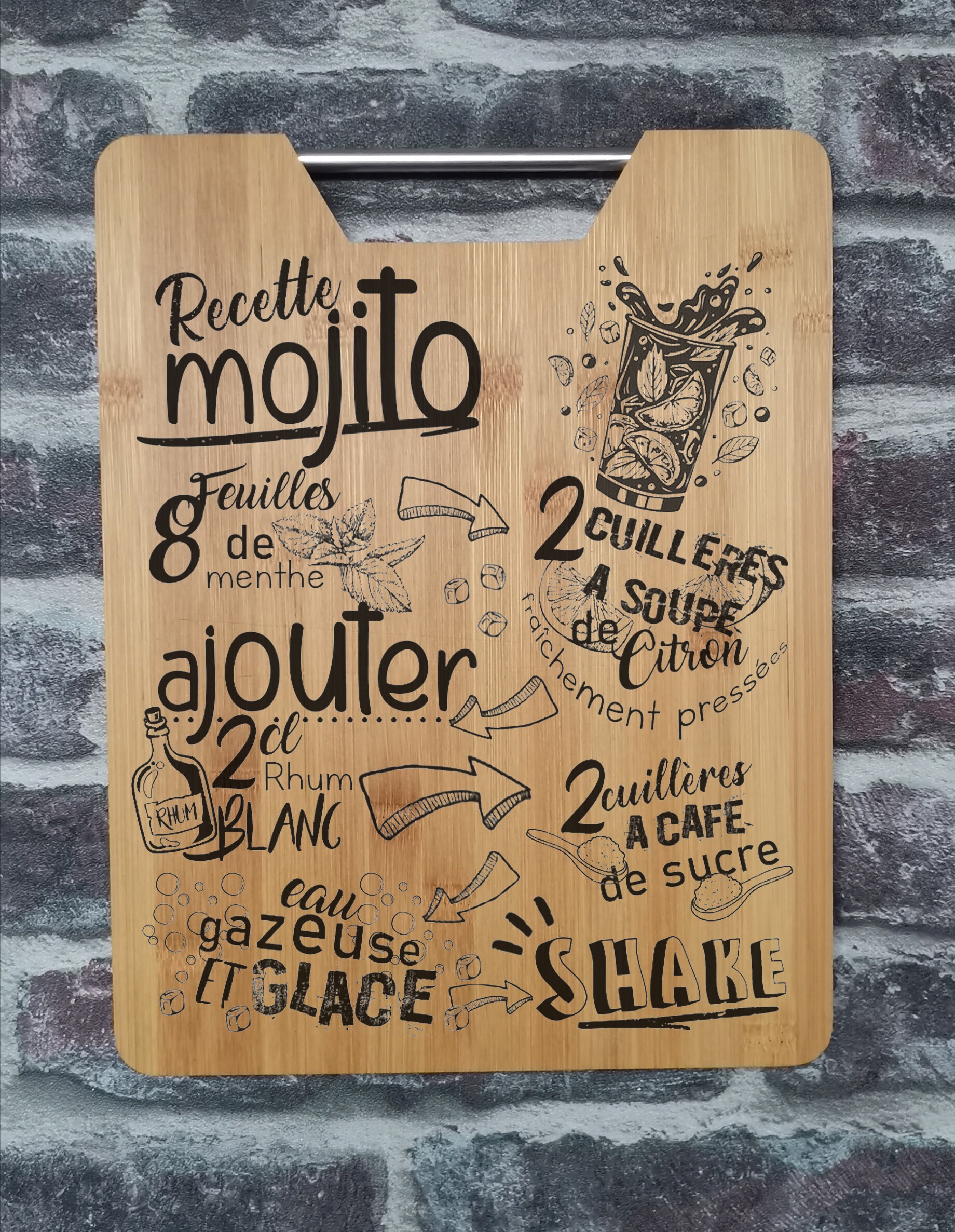 Planche de Présentation Service et à Découper en Bambou Hêtre Personnalisable Recette Mojito