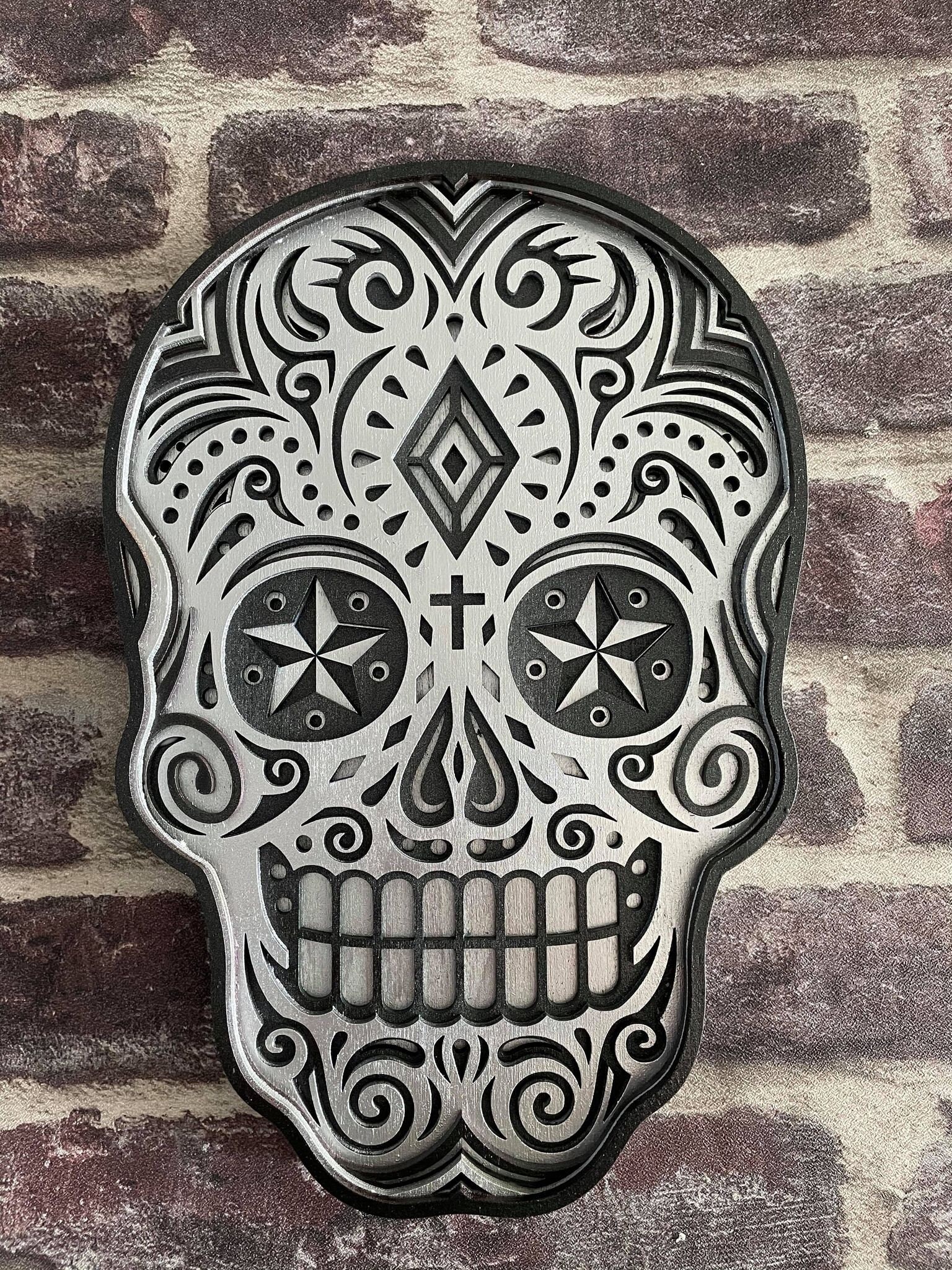 Cadre Affichage Skull Crâne Mexicain Géant Découpe Laser Artisanale Géométrie Sacrée