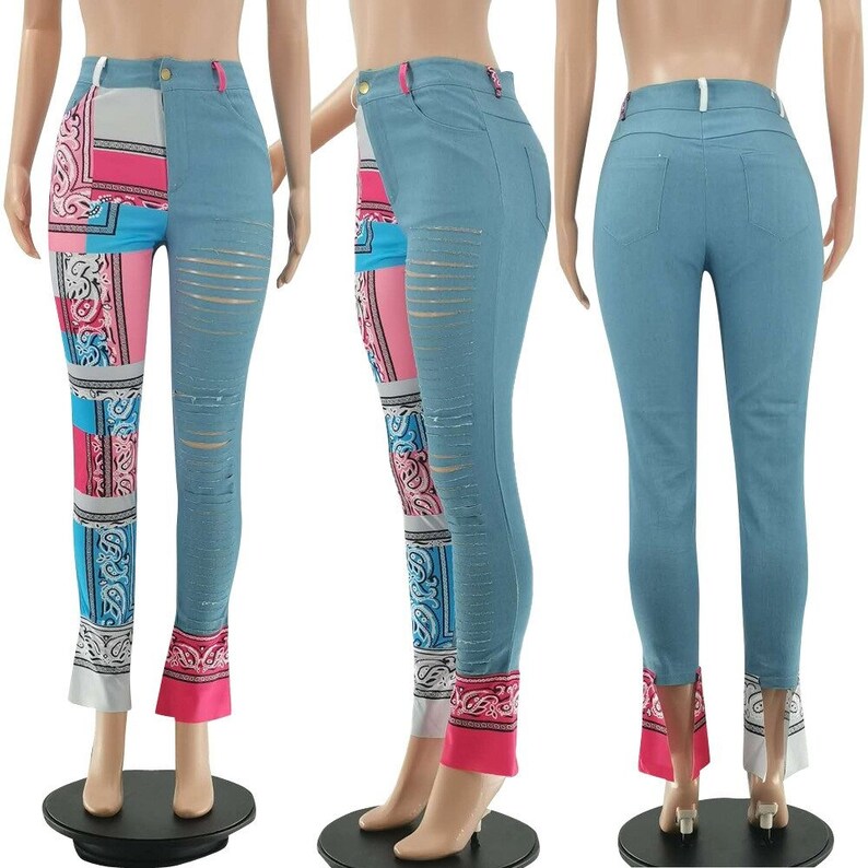 Bandana Print Women Jeans Distressed Skinny Denim Pants Flare Etsy