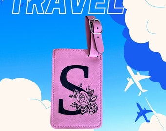 Luggage tag customized name tag with floral letter of your choice leatherette laser engraved pink and black great gift for traveler
