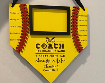 Softball theme end of season gift for coach with players names and numbers Hanging sign photo frame Softball gift. A truly amazing coach.