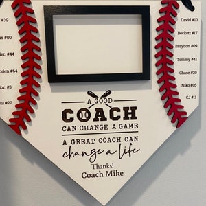 Baseball theme end of season gift for coach. Team players names Hanging sign photo frame Baseball gift.A great coach can change a life