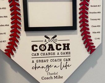 Baseball theme end of season gift for coach. Team players names Hanging sign photo frame Baseball gift.A great coach can change a life