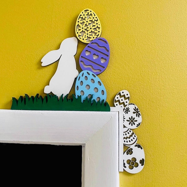 Easter door corner with bunny rabbit , painted eggs , and grass Left or right side available. Perfect touch of Easter decor / spring decor