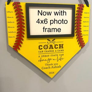 Softball theme 4x6 photo frame end of season gift for coach with players names and numbers Hanging sign photo frame . A truly amazing coach.