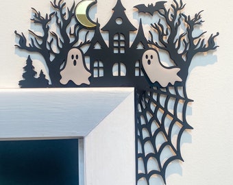 Halloween door corner with spider webs, ghosts, and bats. Left or right side available. Perfect touch of Halloween decor for any room.