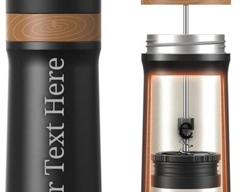 Personalised Portable French Press Travel  Stainless Steel Double Walled Cafetiere 2 in 1 Great Gift for Coffee Lovers