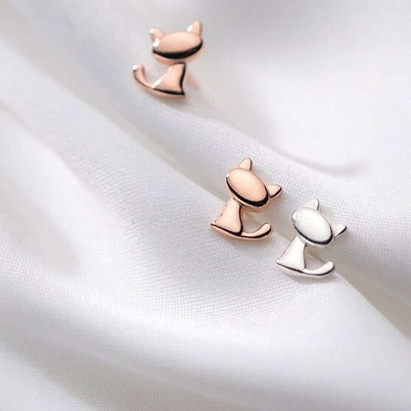 925 Silver Solid Cat Stud Earrings | Sensitive Ear Hypoallergenic Sterling Silver Kitten Earrings | Non Tarnish | Gift Ideas for Girl Teen