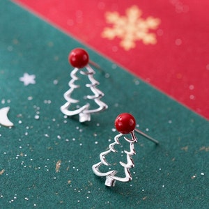 Red Bauble Christmas Tree Super Cute Silver Earring | Novelty Xmas Gift Silver Stud Earrings | Small Dainty Earrings