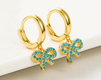 Blue Hoop Earrings, Turquoise  Ribbon Earrings, Cute Bow Gold Plated on Copper Huggie Hoop Earrings, Crystal Stone Earrings