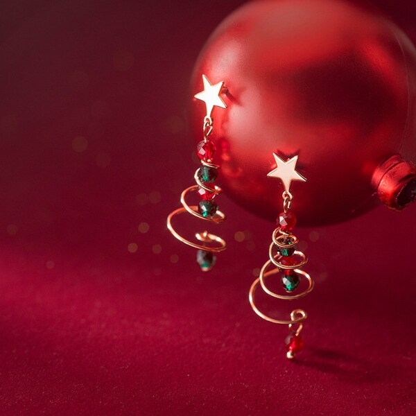 Pendientes de plata del árbol de Navidad, pendientes de plata de diseño único, pendientes de plata novedosos, pendientes de fiesta de Navidad de declaración, regalo de Navidad