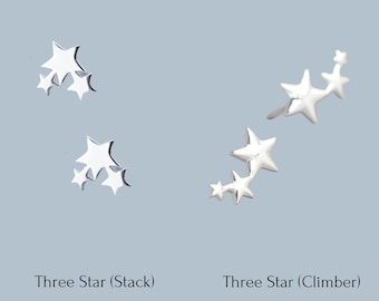 Simple Three Star Ear Stud Silver Earrings | Triple Star Stud Ear Climber | 925 Sterling Silver Ear Stack Ear Candy | Everyday Earrings