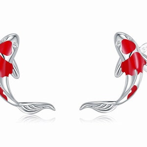 Koi Fish Genuine Silver Stud Earrings | Super Cute Red Silver Earrings | Lucky Fortune Meaningful Jewellery | Dainty Tiny Silver Earrings