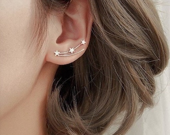 Three Shooting Stars Ear Climber Sterling Silver | Dainty Minimalist One Pierced Ear Crawler | Christmas Star Jewellery Gift for Her